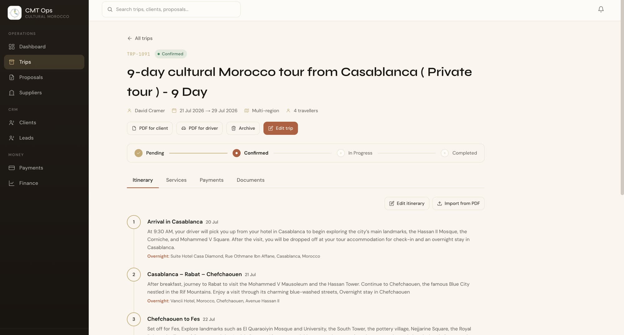 Trip detail itinerary view